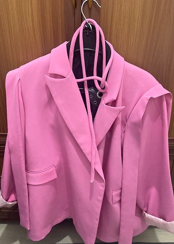 Uzun Kesim Pembe Kadın Blazer Ceket