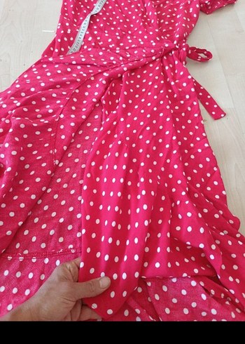 Puantiyeli Pembe Uzun Bohem Elbise - Görsel 3