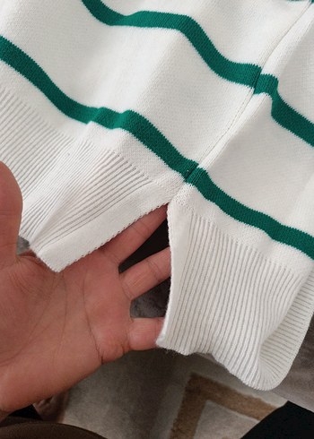 Beyaz Yeşil Çizgili Örgü Triko Kadın Kazak - Görsel 5