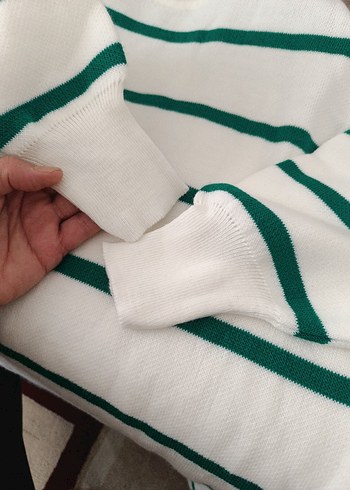 Beyaz Yeşil Çizgili Örgü Triko Kadın Kazak - Görsel 6