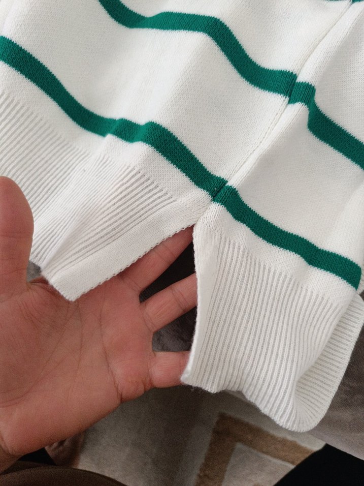 Beyaz Yeşil Çizgili Örgü Triko Kadın Kazak - Görsel 5