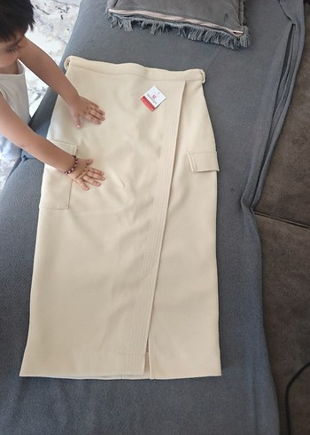 Bej Midi Kadın Etek, Kemerli, Düz Renk