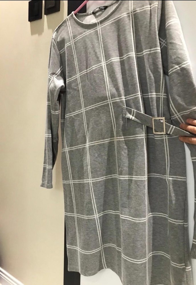 Gri Ekose Desenli Uzun Kadın Tunik - Görsel 3