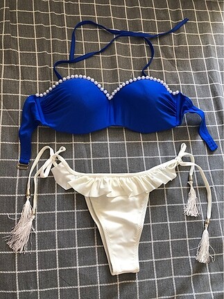 Saks mavi beyaz bikini takım