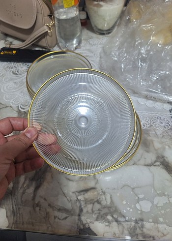 Altın Kenarlı Şeffaf Cam Tabak Seti pasta tabağı 12 adet