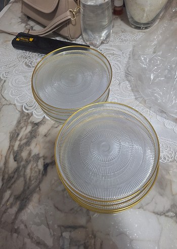  Beden Altın Kenarlı Şeffaf Cam Tabak Seti pasta tabağı 12 adet