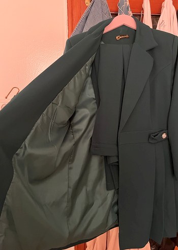 46 Beden haki Renk Düğmeli Yeşil Kadın Uzun Blazer Ceket takimi 2 parca