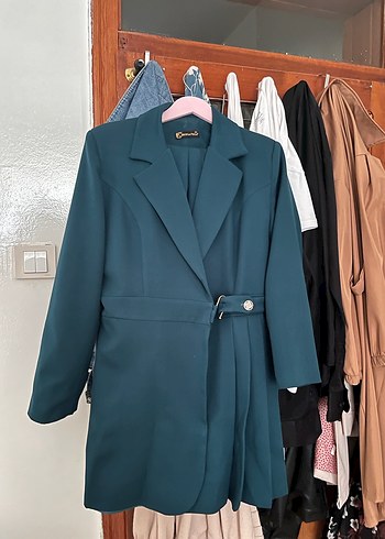 Zara Düğmeli Yeşil Kadın Uzun Blazer Ceket takimi 2 parca
