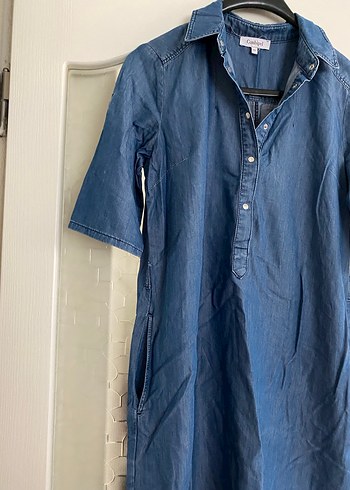 Diğer Mavi Denim Kısa Kollu Midi Elbise