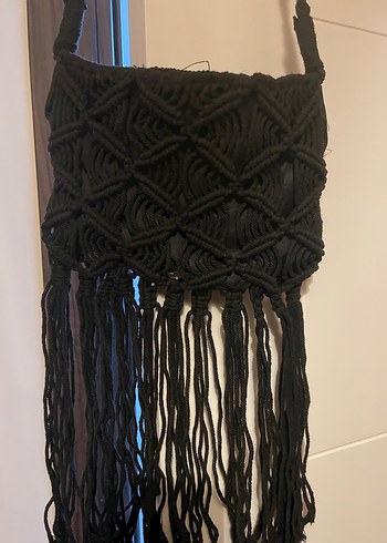 Püsküllü Siyah Örgü Bohem Çanta - Görsel 2