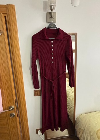 Diğer Bordo Uzun Kollu Düğmeli Triko Elbise