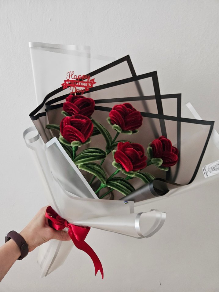 Bordo Kadife Şönil Gül Buketi - Görsel 3