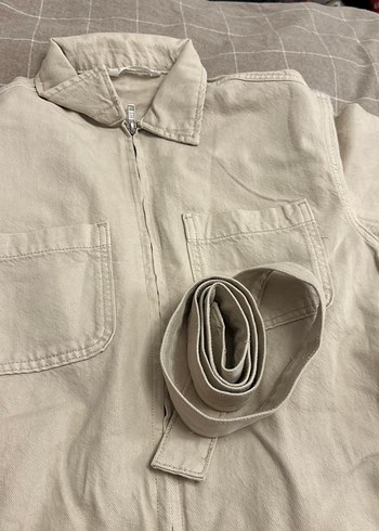 Bej Keten Kadın Tulum, Kısa Kollu, Salaş Kesim - Görsel 2