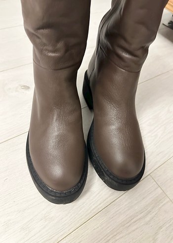 Kahverengi Deri Kadın Dizüstü Kürklü Bot - Görsel 3