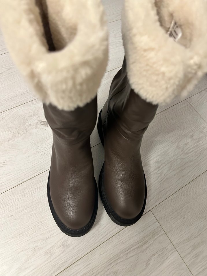 Kahverengi Deri Kadın Dizüstü Kürklü Bot - Görsel 2