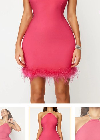 Pembe Mini Straplez Tüylü elbise - Görsel 2