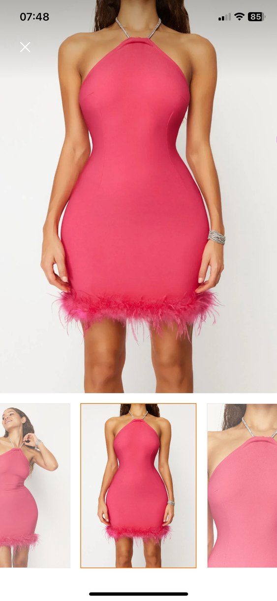 Pembe Mini Straplez Tüylü elbise - Görsel 2