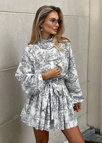 Kuşaklı balon kol elbise - Görsel 2