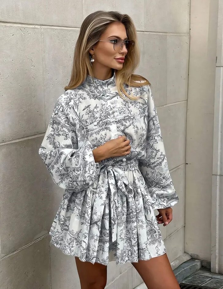 Kuşaklı balon kol elbise - Görsel 2