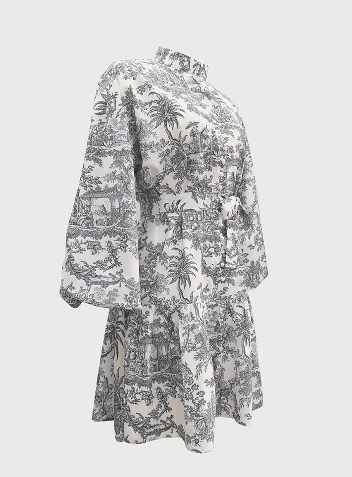 Kuşaklı balon kol elbise - Görsel 3