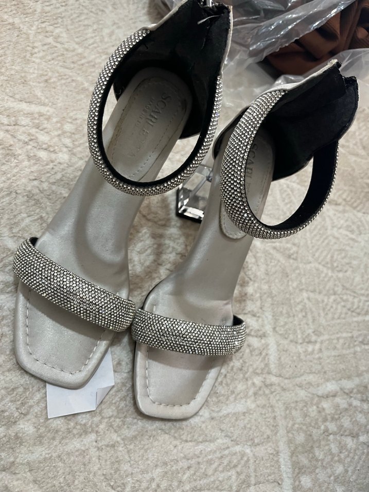 Gri Yılan Desenli Payetli İnce Topuklu Kadın Ayakkabı - Görsel 2