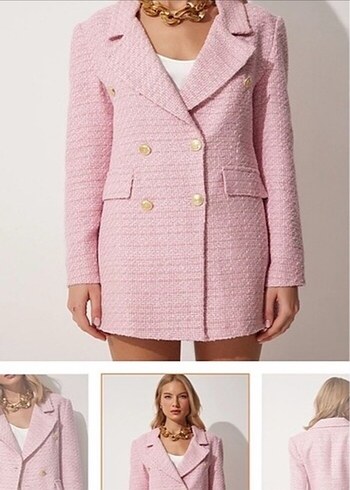 Kadın Pembe Kruvaze Gold Düğmeli Ceket - Görsel 2