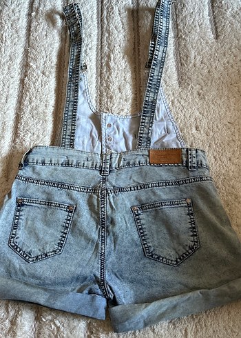 Kadın Gri Batik Desenli Kot Şort Tulum - Görsel 2