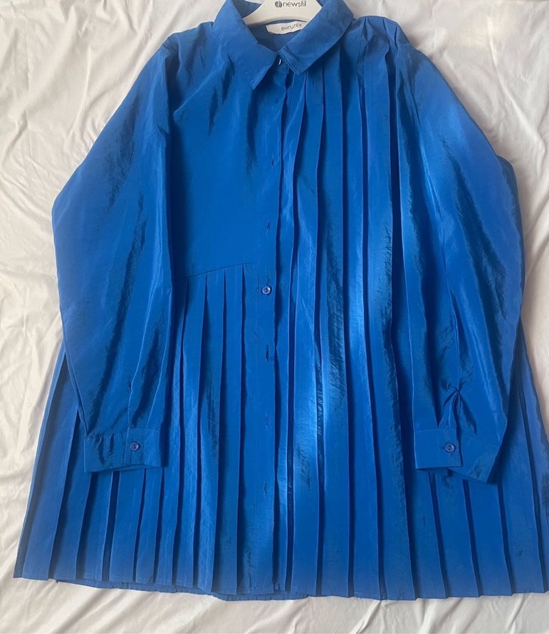 Mavi Pilili Uzun Kollu Kadın Gömlek - Görsel 2