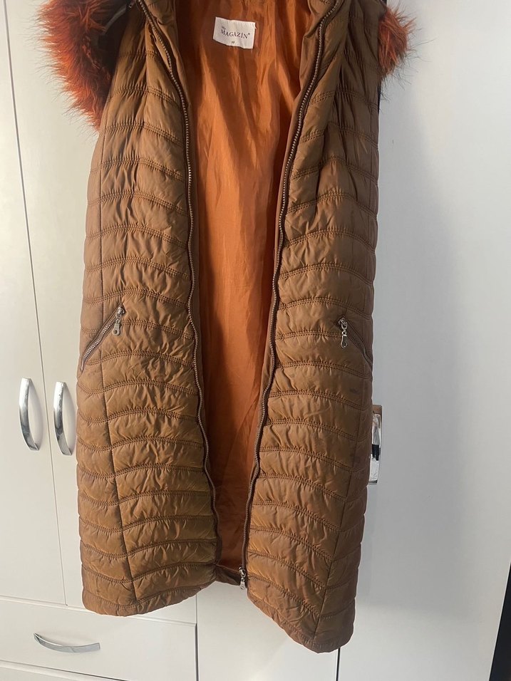 Kürklü kahverengi Uzun Kadın Yelek mont - Görsel 2