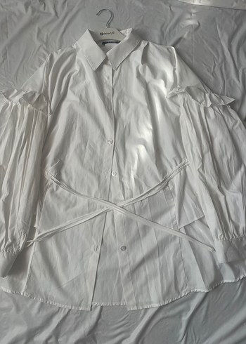 Düğmeli Beyaz Keten Kadın Gömlek - Görsel 2