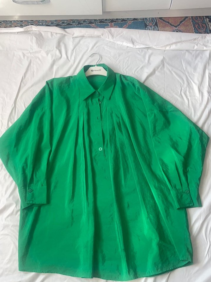 Uzun Kollu Parlak Yeşil Kadın Gömlek - Görsel 4