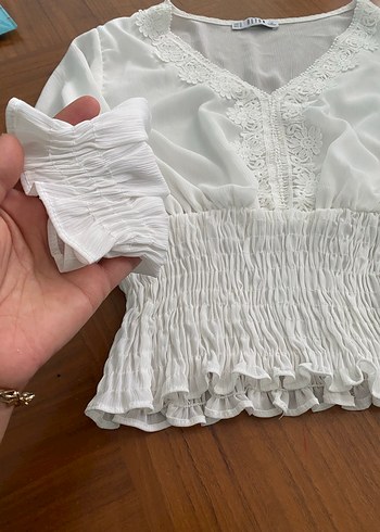 xl Beden beyaz Renk Dantel Detaylı V Yakalı Bohem Bluz