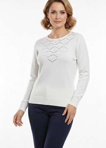 Kadın Beyaz Triko Delikli Basic Kazak - Görsel 5