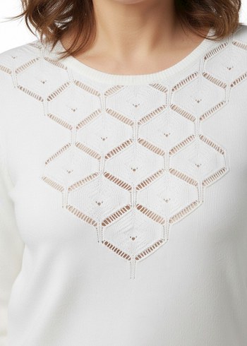 Kadın Beyaz Triko Delikli Basic Kazak - Görsel 7