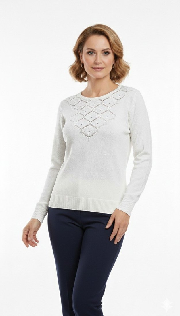 Kadın Beyaz Triko Delikli Basic Kazak - Görsel 5