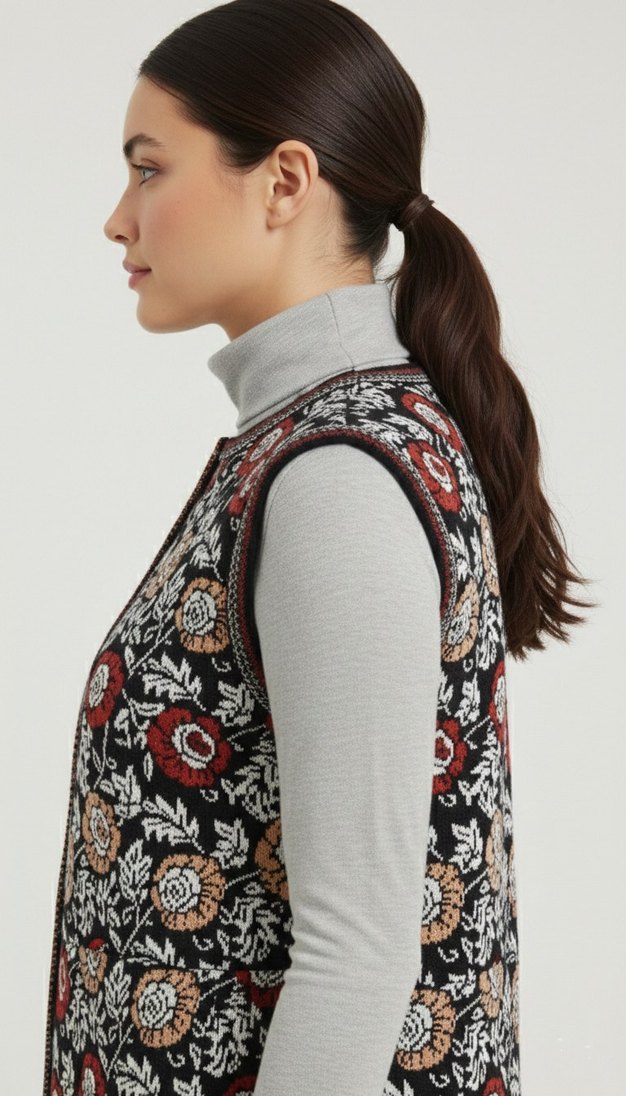 Kadin Bohem Triko Siyah Örgü Yelek - Görsel 4
