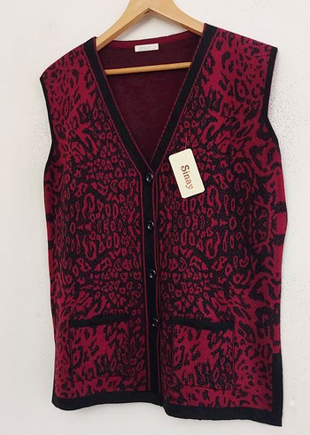 Bohem Tarz Bordo Leopar Desenli Cepli Kadın Triko Anne Yelek - Görsel 2