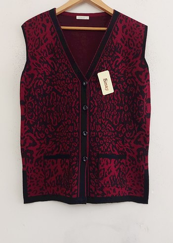 Bohem Tarz Bordo Leopar Desenli Cepli Kadın Triko Anne Yelek - Görsel 3