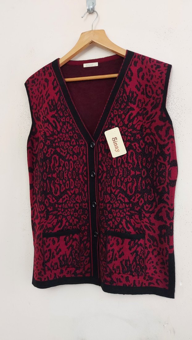 Bohem Tarz Bordo Leopar Desenli Cepli Kadın Triko Anne Yelek - Görsel 2