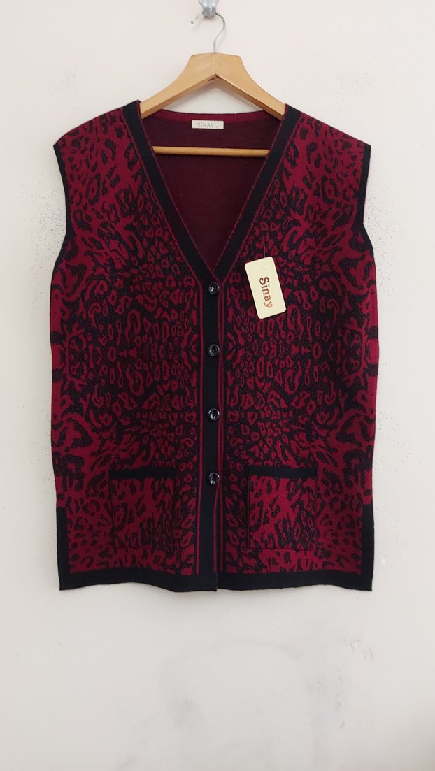 Bohem Tarz Bordo Leopar Desenli Cepli Kadın Triko Anne Yelek - Görsel 3