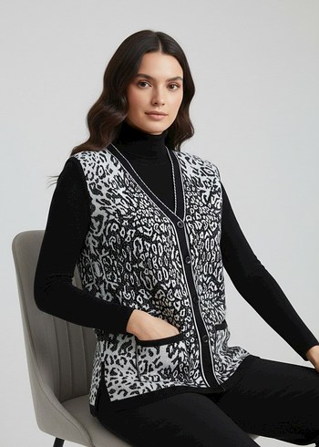 V Yaka Siyah-Beyaz  Örgü Leopar Desenli Kadın Anne Yelek - Görsel 3