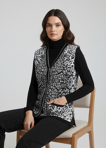 V Yaka Siyah-Beyaz  Örgü Leopar Desenli Kadın Anne Yelek - Görsel 6