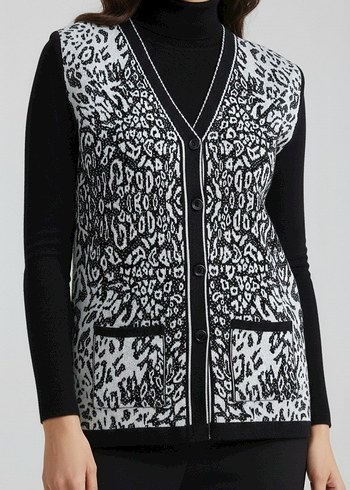 V Yaka Siyah-Beyaz  Örgü Leopar Desenli Kadın Anne Yelek - Görsel 4