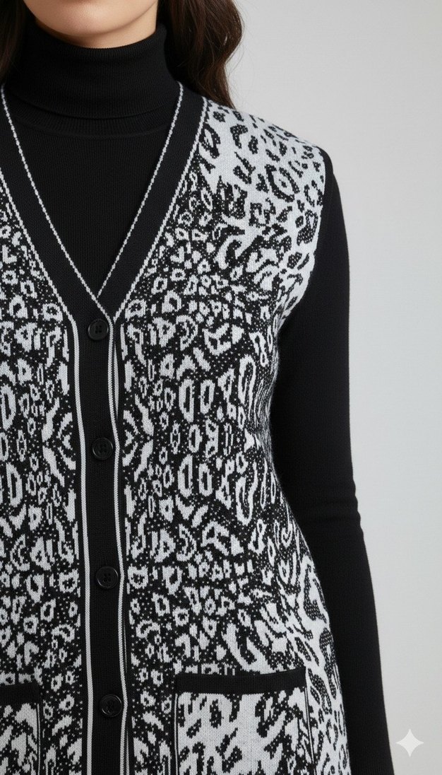 V Yaka Siyah-Beyaz  Örgü Leopar Desenli Kadın Anne Yelek - Görsel 5
