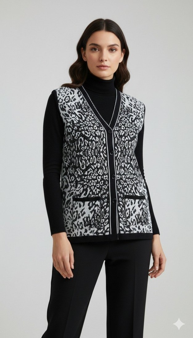 V Yaka Siyah-Beyaz  Örgü Leopar Desenli Kadın Anne Yelek - Görsel 2
