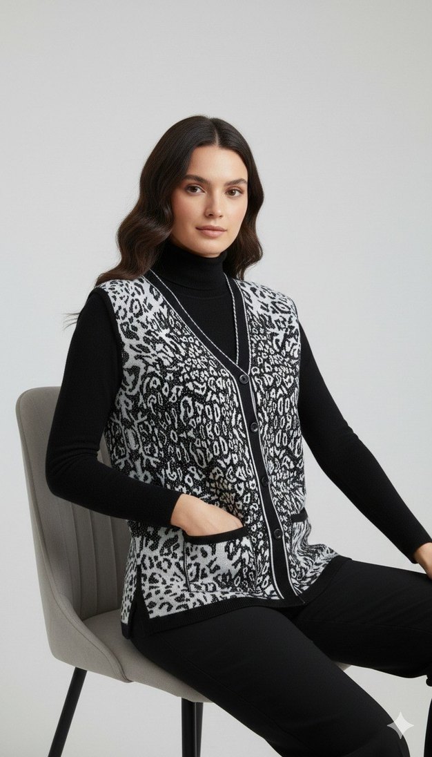 V Yaka Siyah-Beyaz  Örgü Leopar Desenli Kadın Anne Yelek - Görsel 3