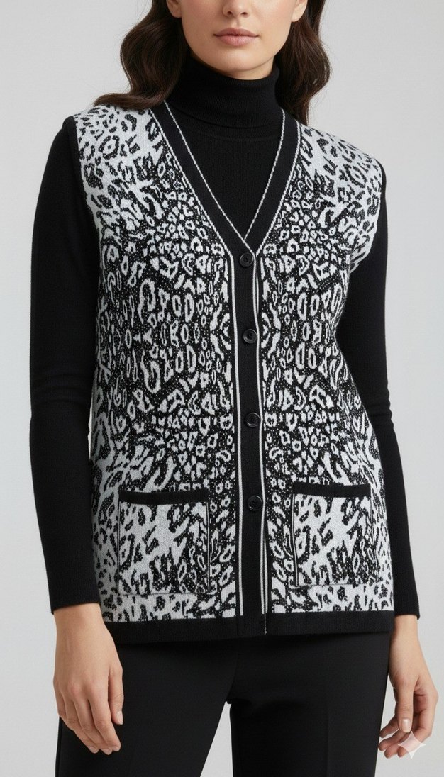 V Yaka Siyah-Beyaz  Örgü Leopar Desenli Kadın Anne Yelek - Görsel 4