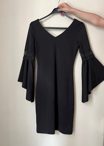 Drapeli Siyah V Yaka Midi Elbise - Görsel 2