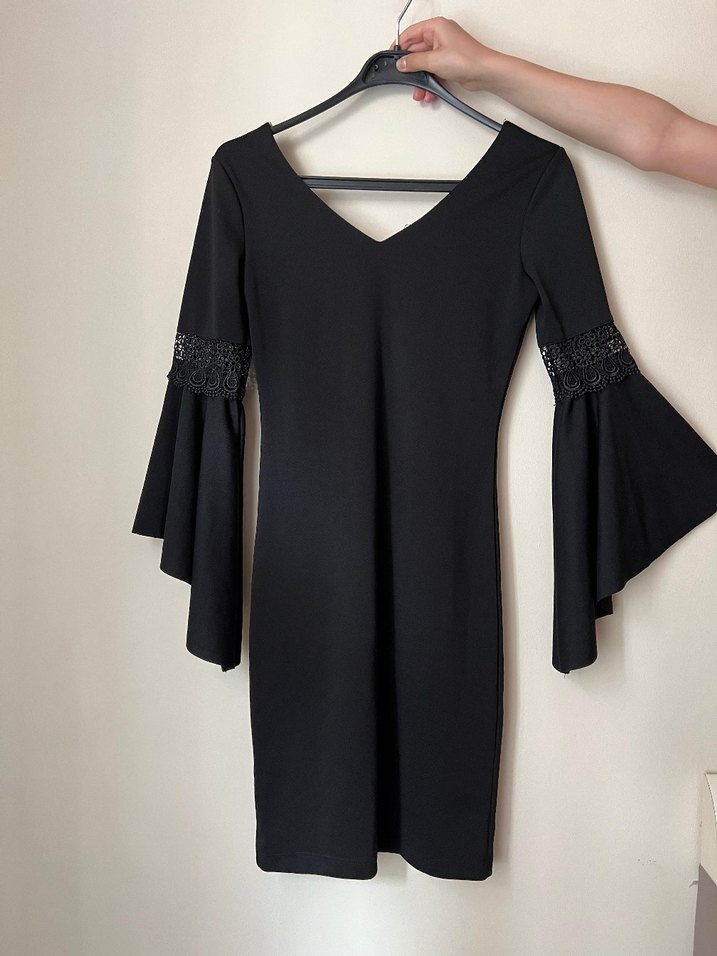 Drapeli Siyah V Yaka Midi Elbise - Görsel 2