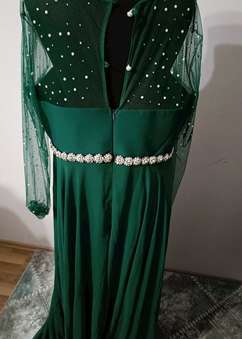 Uzun Kol Boncuk İşlemeli Yeşil Abiye Elbise - Görsel 6